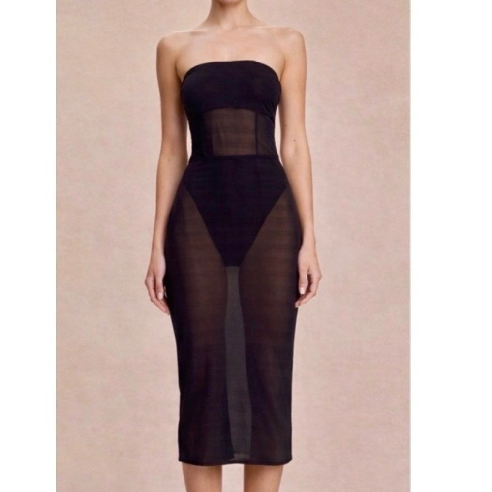 NWT Khy Strapless Mesh Midi Dress Womens XS Black Sheer Bodycon Tube‎ Dress
